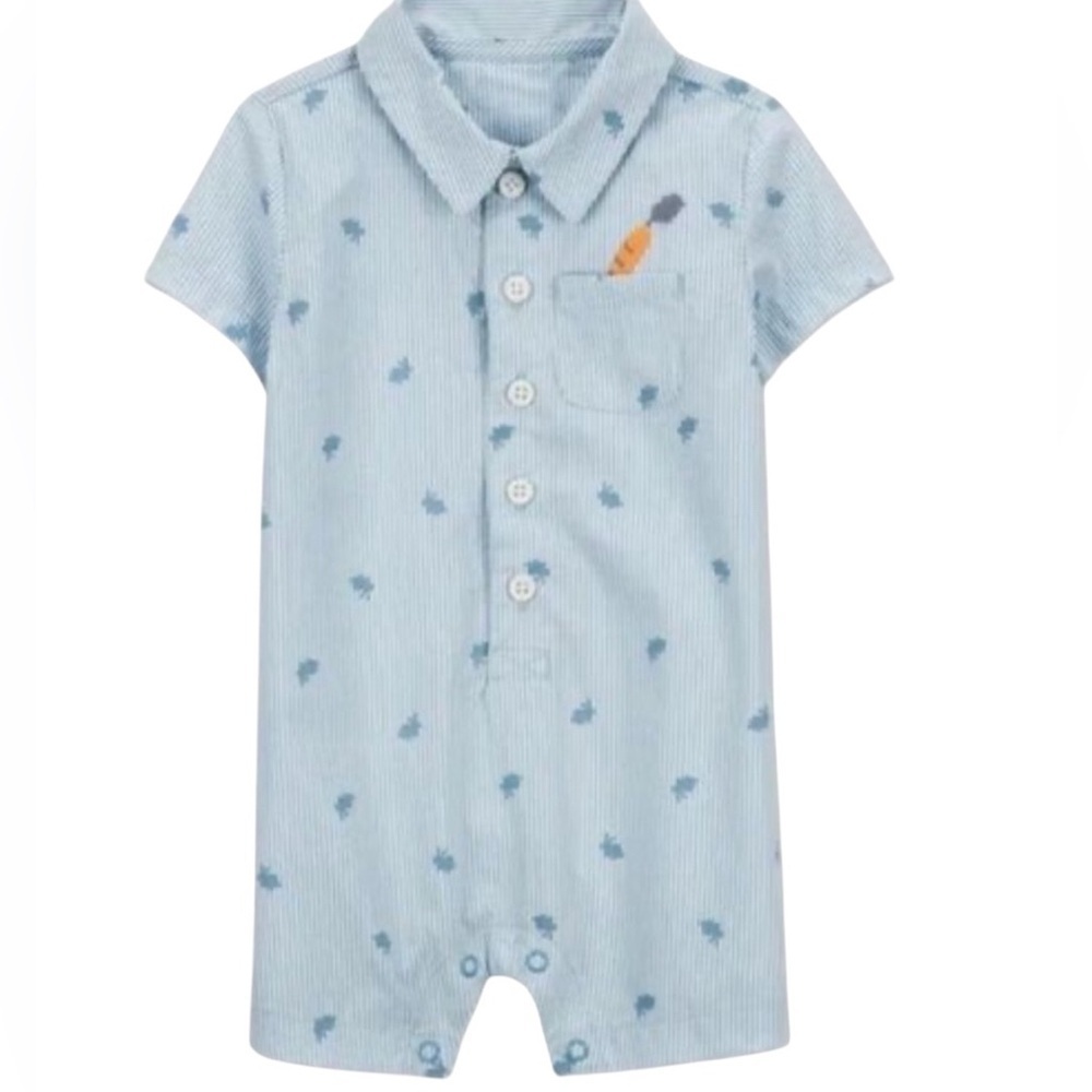Carter’s Just One You Baby Boy Blue Striped Button Bunny Romper Carrot Sz 6m